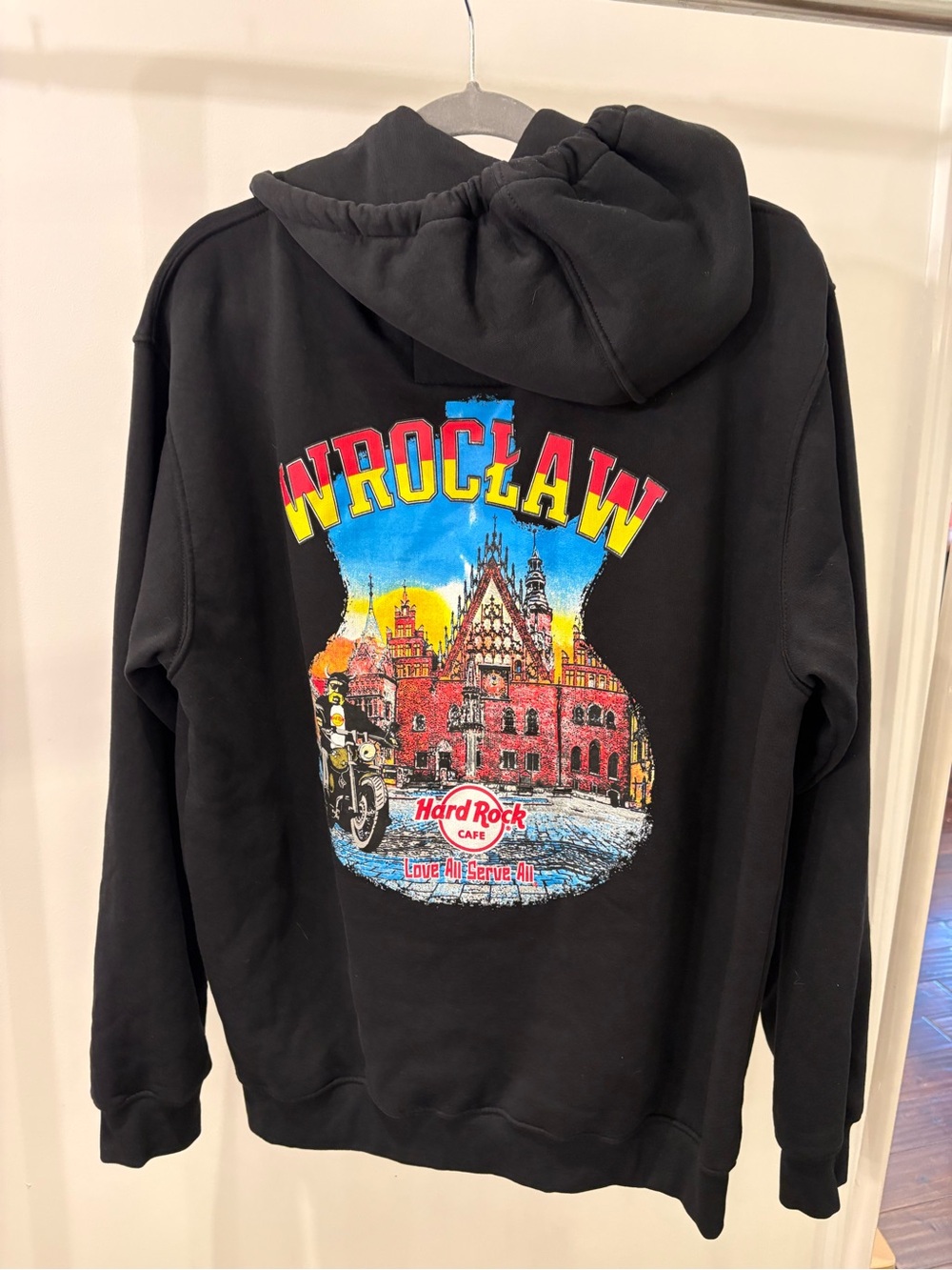 Hard Rock Cafe Black Zip Up Hoodie Jacket Multicolor WROCLAW Poland Graphic